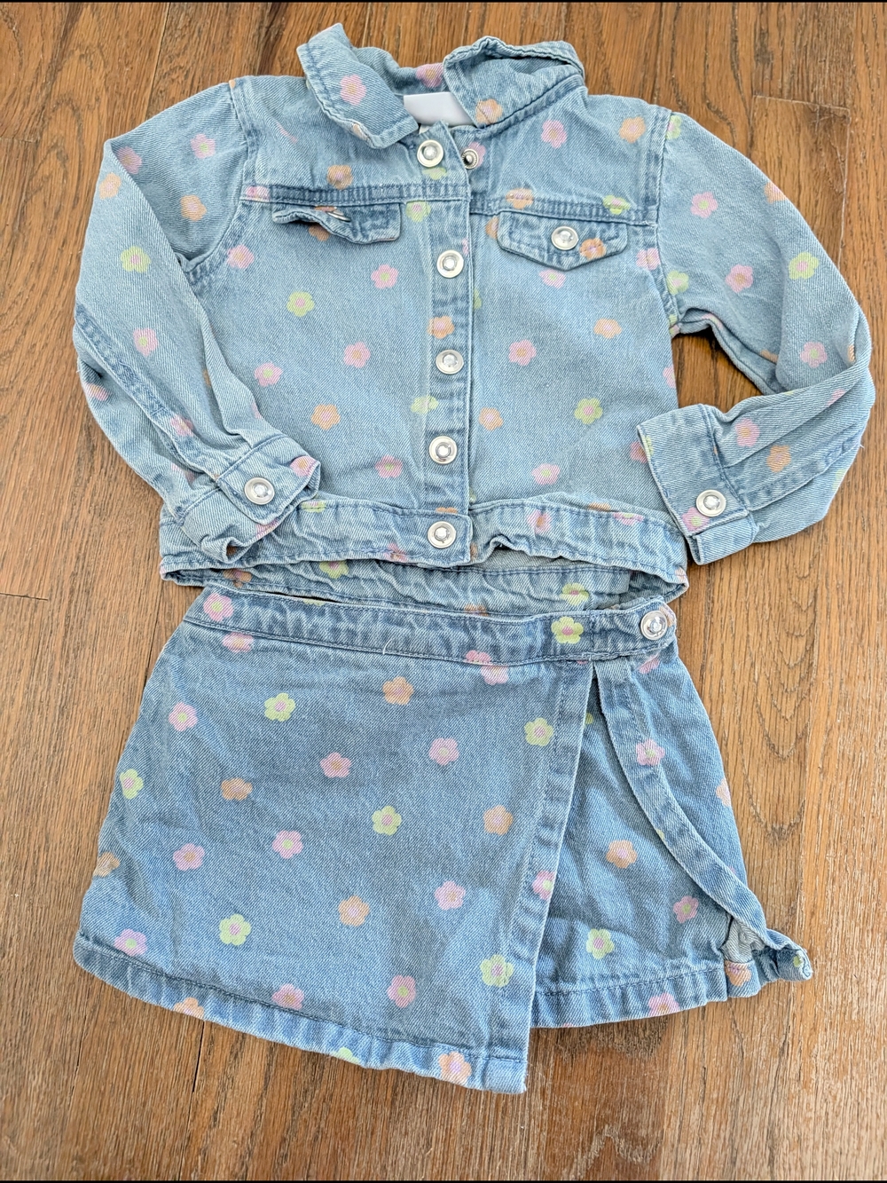 Little Lass Denim Jacket and Skort Set with Pastel Flower Print 2T